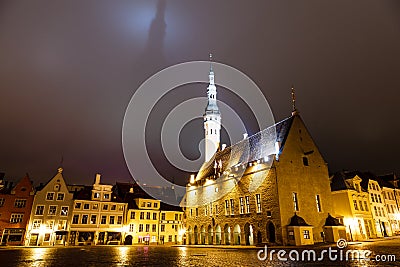 Tallinn Town Hall at Night Casting Shadow Stock Photo