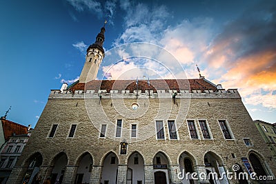 The Tallinn Town Hall at sunset, in the Old Town, Tallinn, Estonia. Stock Photo