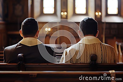 Tallit wearing Jewish worshipers in an Orthodox synagogue during praying Stock Photo