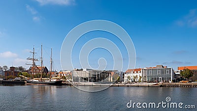 Tallship in harbour of market town Thisted in Nordjylland, Denmark Stock Photo