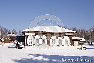 Taltsy, Irkutsk region, Russia - february 21, 2023 : the tavern in the Irkutsk architectural-ethnographic Museum Taltsy Editorial Stock Photo