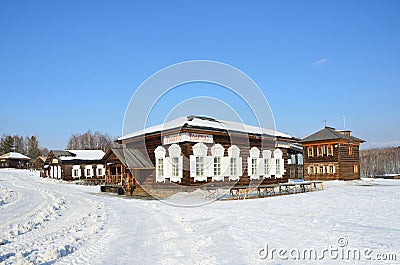 Taltsy, Irkutsk region, Russia, March, 02, 2017. Tavern in old russian house in the winter, Irkutsk architectural-ethnographic Mus Editorial Stock Photo