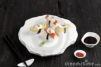 Tamako Sushi or Egg Roll and Crabstick Roll Sushi Stock Photo