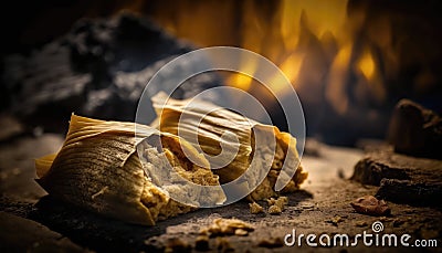Tamales On Stone, Blurred Background, Rustic Pub. Generative AI Stock Photo