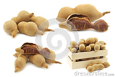 Tamarind beans and an opened one and some in a wooden box Stock Photo