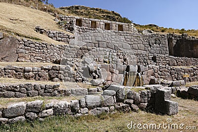 Tambomachay, Inca site with canals, waterfalls , aqueducts close to Cusco Stock Photo