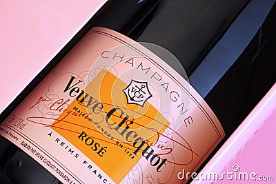 Close-up of Bottle of Champagne Veuve Clicquot Rose in pink box Editorial Stock Photo