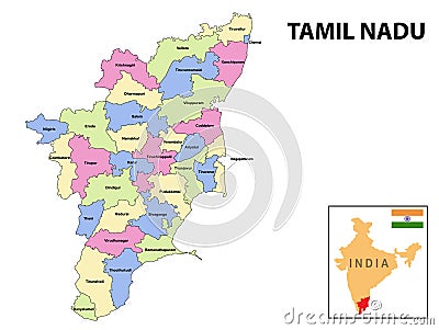 Tamil nadu map. District ways map of tamil nadu with name. Vector illustration of Tamilnadu geographical map. New and original Vector Illustration