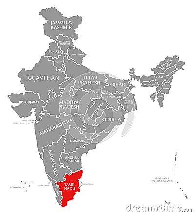 Tamil Nadu red highlighted in map of India Cartoon Illustration