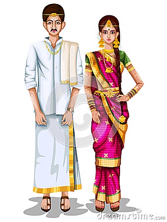 Tamil wedding couple in traditional costume of Tamil Nadu, India Vector Illustration