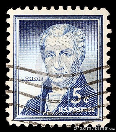 Tamp printed in the United States shows portrait of the fifth President of the United States James Monroe Editorial Stock Photo