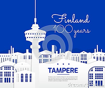 Tampere Finland city view illustration - Finland tourist attractions and landmarks vector design - blue and white color background Vector Illustration