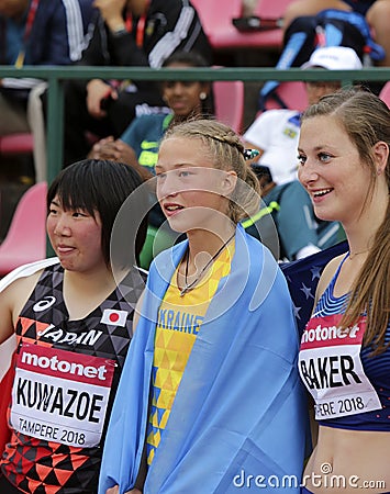 TOMOKA KUWAZOE JAPAN win silver, Alina Shukh Ukraine win gold, DANA BAKER USA win bronze medal in javelin throw final Editorial Stock Photo