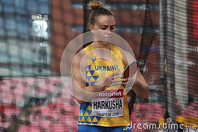DARIA HARKUSHA ukrainian track and field athlete on discus throw in the IAAF World U20 Championship Editorial Stock Photo