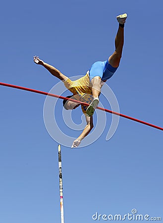 ILLYA KRAVCHENKO from Ukraine in the final of pole vault event on the IAAF World U20 Championship Tampere, Finland Editorial Stock Photo