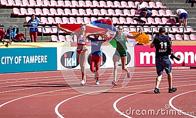 KARYNA TARANDA Belarus, MARÃA FERNANDA MURILLO Columbia, SOMMER LECKY Ireland - High jump winners on the IAAF World U20 Editorial Stock Photo