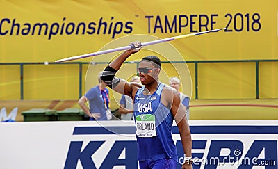 KYLE GARLAND USA on javelin throw in decathlon on the IAAF World U20 Championship in Tampere, Finland Editorial Stock Photo