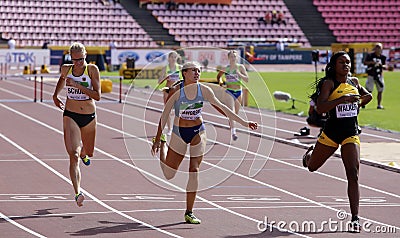 Sylvia SCHULZ, Brooke JAWORSKI and Sanique WALKER running 400 meters hurdles heats on the IAAF World U20 Championship in Tampere, Editorial Stock Photo