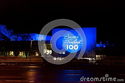 Tampere talo lit up for 100 years of Finnish independence Stock Photo