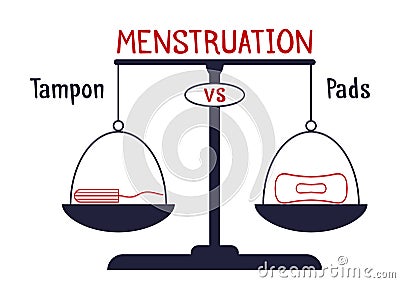 Tampon vs pads. Illustration for your choice in the bloody month period. Menstruation time, menstrual critical women days. Comfort Vector Illustration