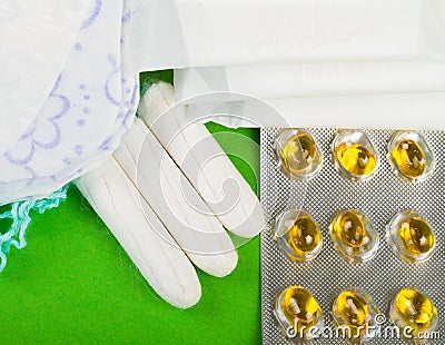 Tampons, pads and pills Stock Photo