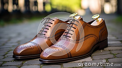 Tan Leather And Gold Oxford Shoes With Classical Precision And Italianate Flair Stock Photo