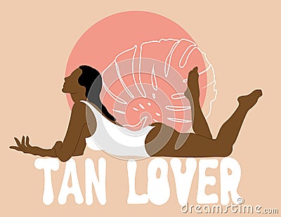 Tan lover. Vector hand drawn illustration of woman with palm leave isolated. Vector Illustration