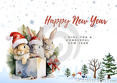 New Year card with three rabbits in a Santa Claus hat Stock Photo