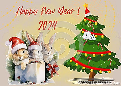 New Year card with three rabbits, gifts, New Year tree Stock Photo