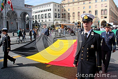 TAN parade of foreign navies. Belgium flags Editorial Stock Photo