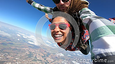 Tandem parachute jump. Selfie photo Stock Photo
