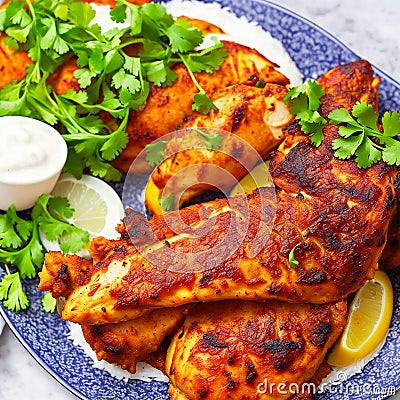 Tandoori chicken is a chicken dish prepared by roasting chicken marinated in yogurt and spices in a tandoor Stock Photo