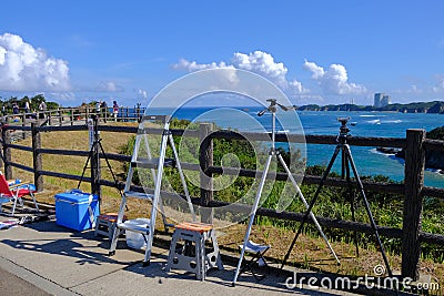 Tourist get their tripods ready at Eminokotenbo Park, Tanegashima, Kagoshima Prefecture, Japan. Editorial Stock Photo