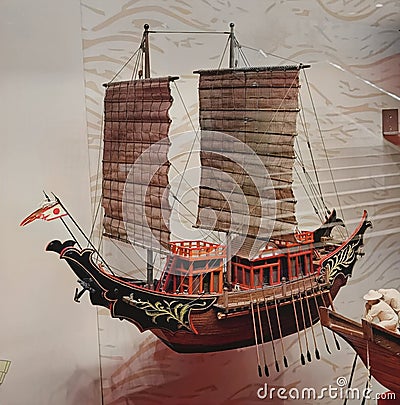 Tang Dynasty Antique Trading River Boat Chinese Vessel Ship Scale Model Wooden Boats Sailboat Junk Sail Transportation Vehicle Editorial Stock Photo