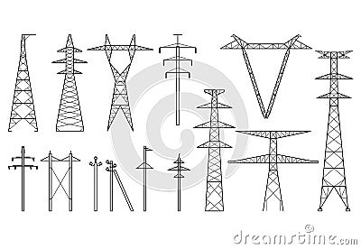 Tangent towers, high voltage electric pylons, power transmission line, types of electric poles Vector Illustration