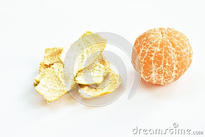 Tangerine orange and peel out with drop of water on white background Stock Photo