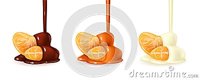 Tangerine slices in chocolate sauce flowing Vector Illustration