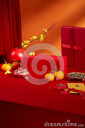 Tangerines, jam, sunflower seeds, lucky money envelopes, yellow apricot blossoms and red platform shine brightly in the Stock Photo