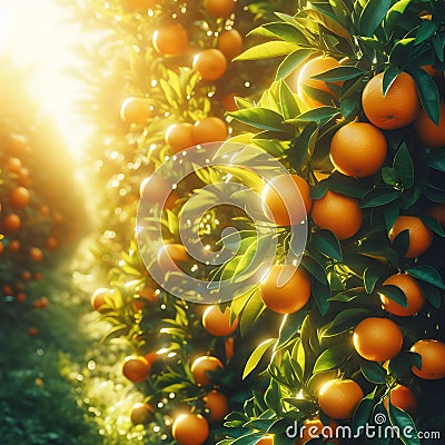 Tangerines on the orange tree in sunset light. Tangerines on the orange tree. Stock Photo