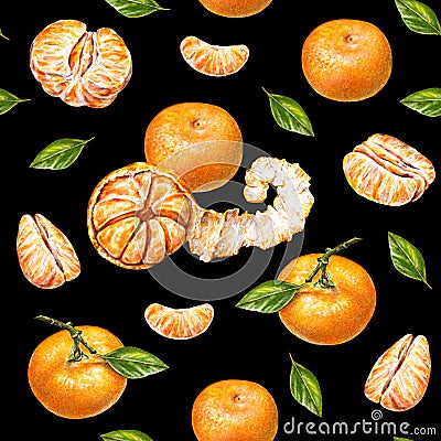 Tangerines. Watercolor drawing. Ripe peeled tangerine. Handwork. Tropical fruit. Healthy food. Seamless pattern for design Stock Photo