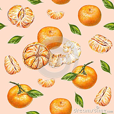 Tangerines. Watercolor drawing. Ripe peeled tangerine. Handwork. Tropical fruit. Healthy food. Seamless pattern for design Stock Photo