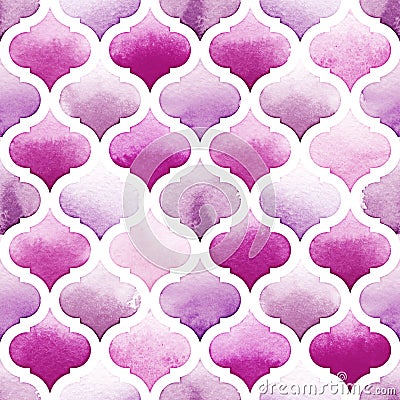 Tangier rug of purple colors on white background. Watercolor seamless pattern. Bodacious Stock Photo