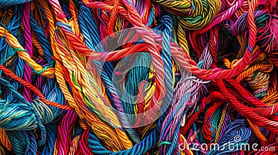 A tangle of brightly colored mismatched threads creating a playful and whimsical pattern Stock Photo