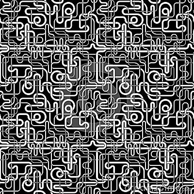 A tangle of different thickness lines on a black background. Doodle of intersecting white pipes. Seamless repeating pattern. Vector Illustration