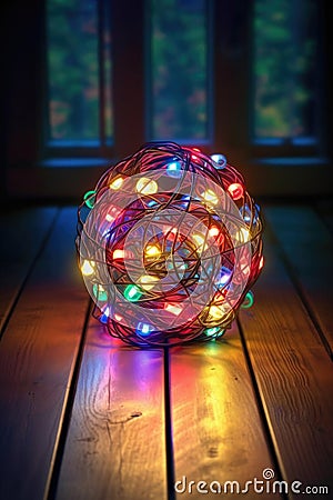 tangled ball of colorful christmas lights on a dark wooden table Stock Photo