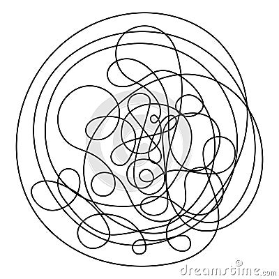 A tangled ball of curls. Hand drawn doodles. Wavy chaotic lines. Black and white illustration Vector Illustration