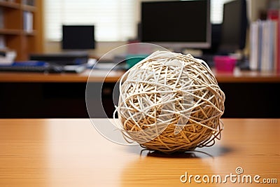 a tangled ball of string on a neat desk Stock Photo