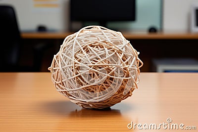 a tangled ball of string on a neat desk Stock Photo