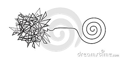 Tangled broken line and untangled neat spiral line, complex and simple knot, constructing and solving complex problem Vector Illustration