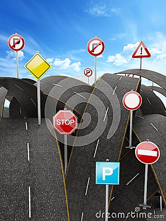 Tangled, crowded, chaotic roads and traffic signs. 3D illustration Cartoon Illustration